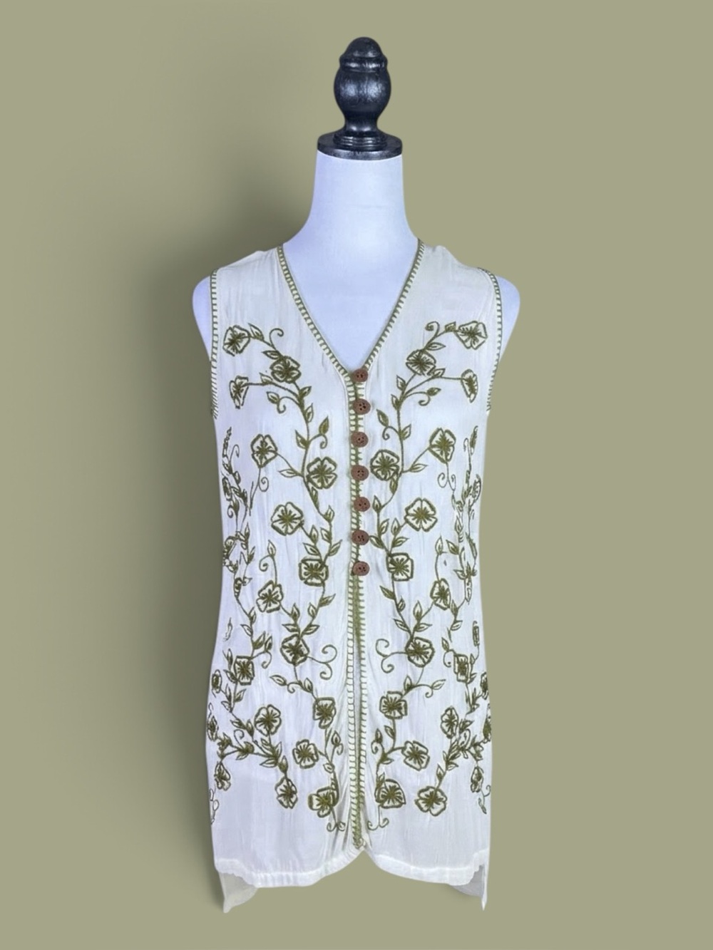 Vintage Contempo Casuals Vest Cream Green Tunic Blouse Floral Embroidered 90s S